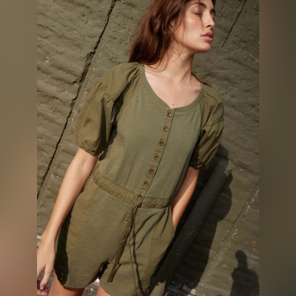 NATION LTD Garner Combo Romper - Ivy Green Size XS Cotton Puff Sleeves Neutral - Picture 5 of 16